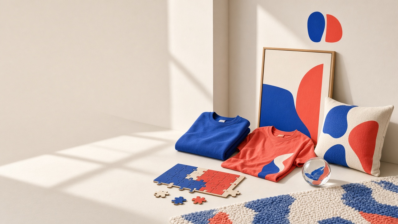 A studio arrangement of apparel, wall art, pillows, rugs, puzzles and ornaments