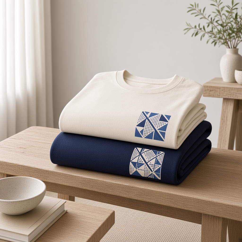 Folded cream and navy shirts with a small geometric print